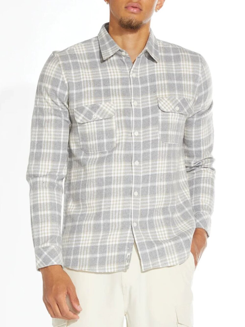 Civil Society Light Grey And Cream Plaid Flannel Button Up Shirt